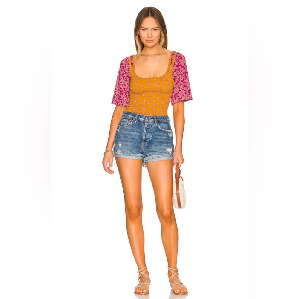FREE PEOPLE Marigold Top - Size Small-Golden Floral Smocked Boho Crop Blouse-NWT - Picture 10 of 16